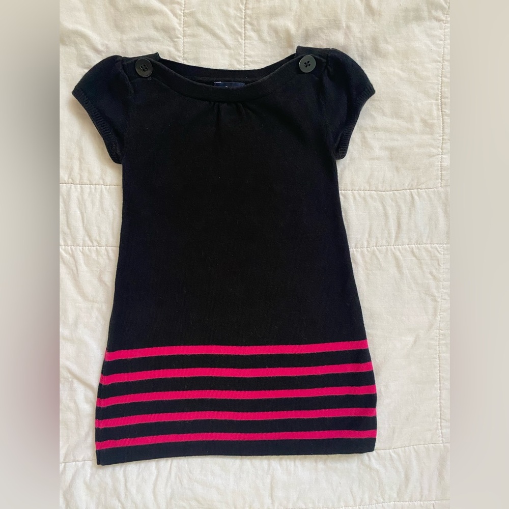 Gap lightweight sweater dress black with pink stripes, button detail on sleeves